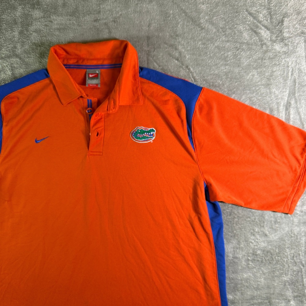 VTG Nike Team Dri-FIT Florida Gators Polo Shirt Mens L Orange Blue Embroid Logo